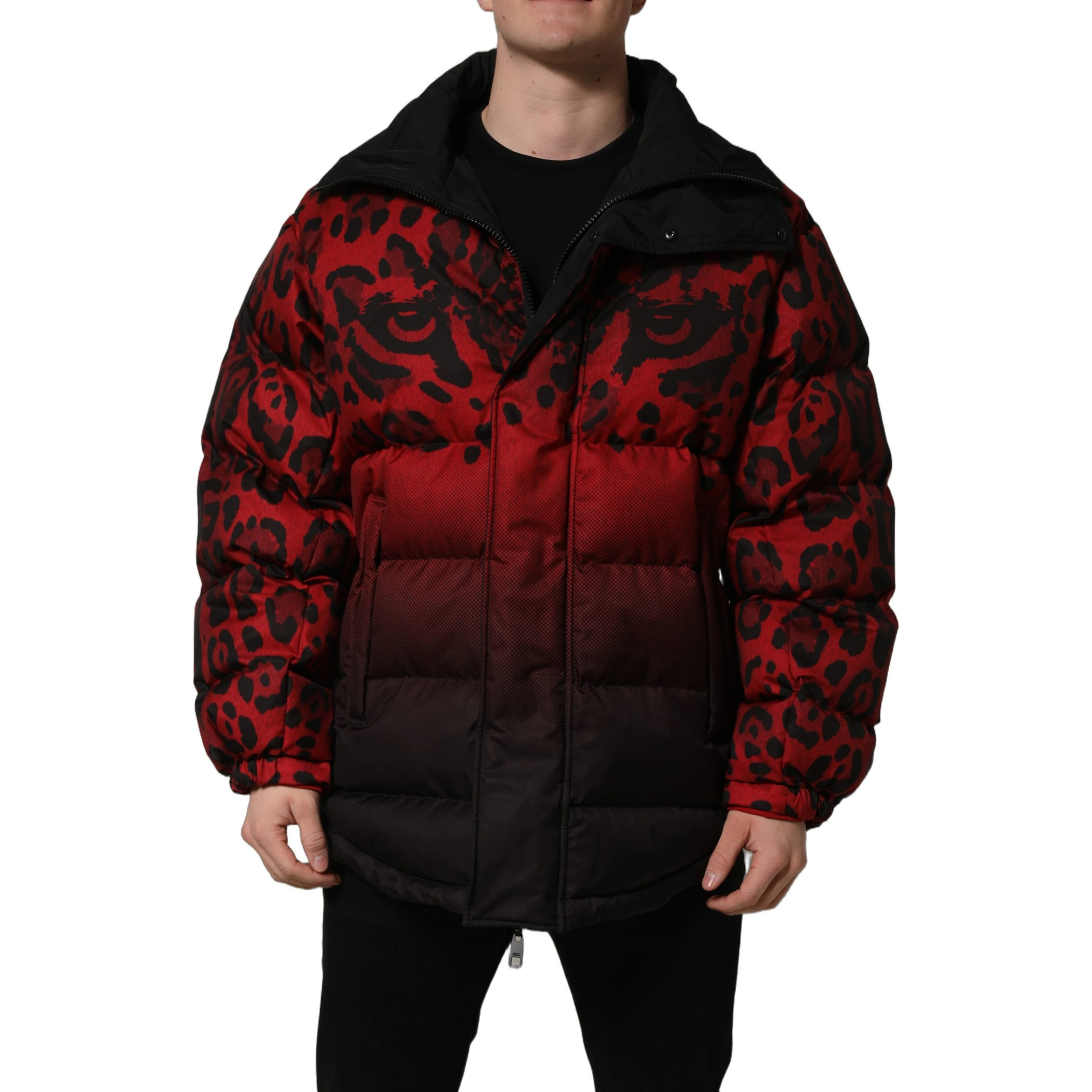 Red Black Reversible Animal Print Puffer Coat Jacket