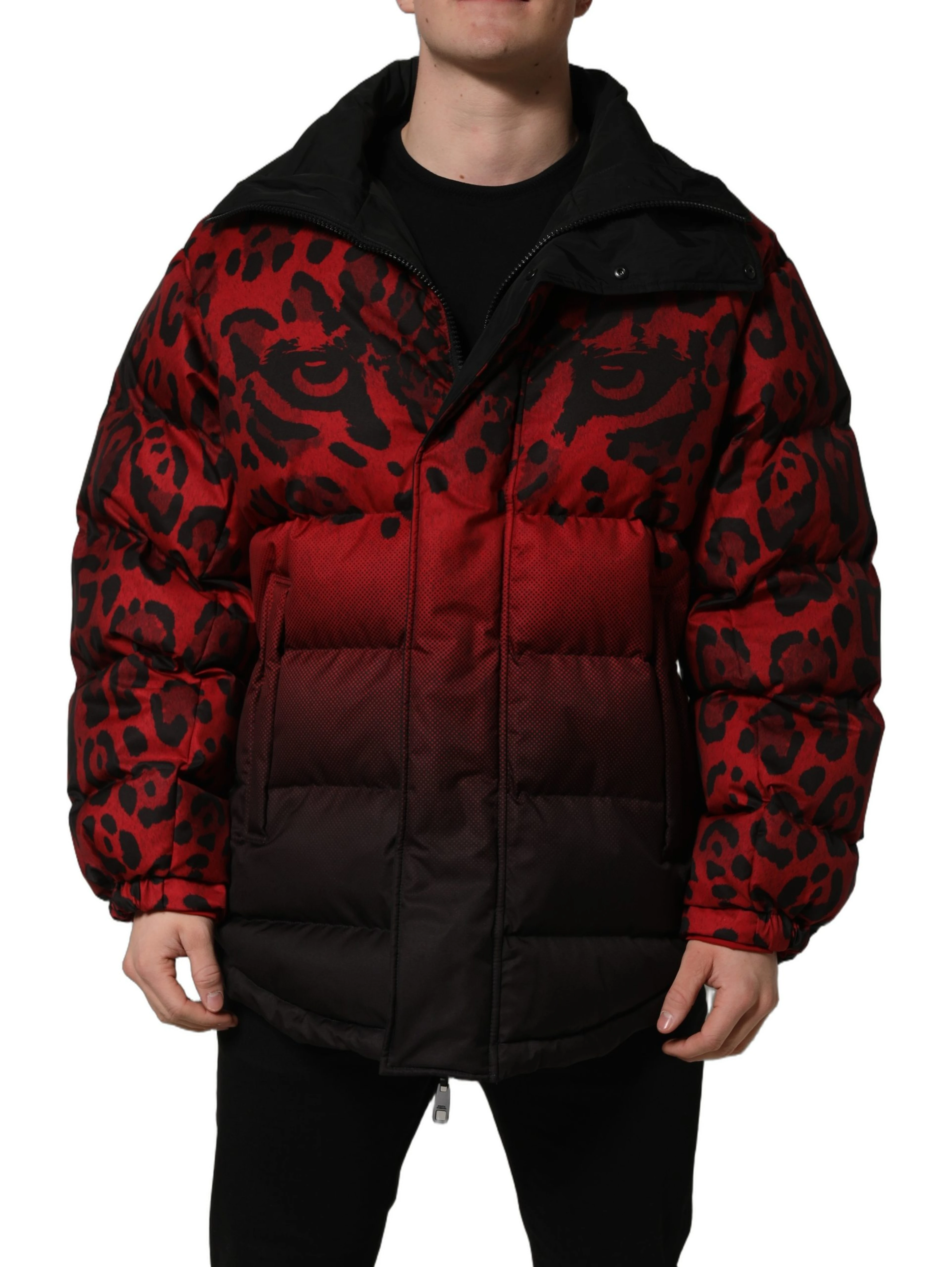 Red Black Reversible Animal Print Puffer Coat Jacket
