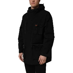 Black Nylon Men Hooded Windbreaker Jacket