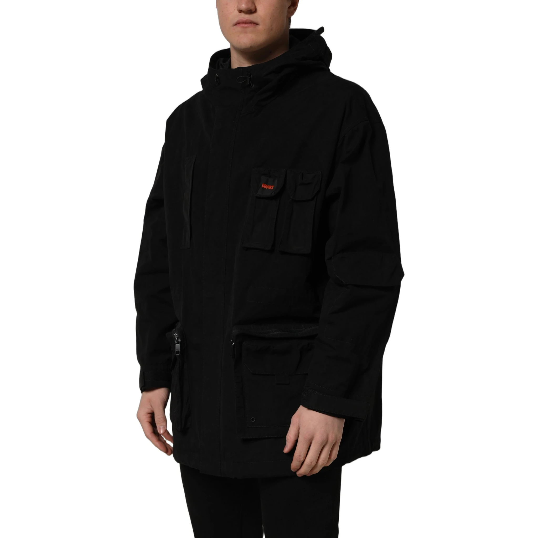 Black Nylon Men Hooded Windbreaker Jacket