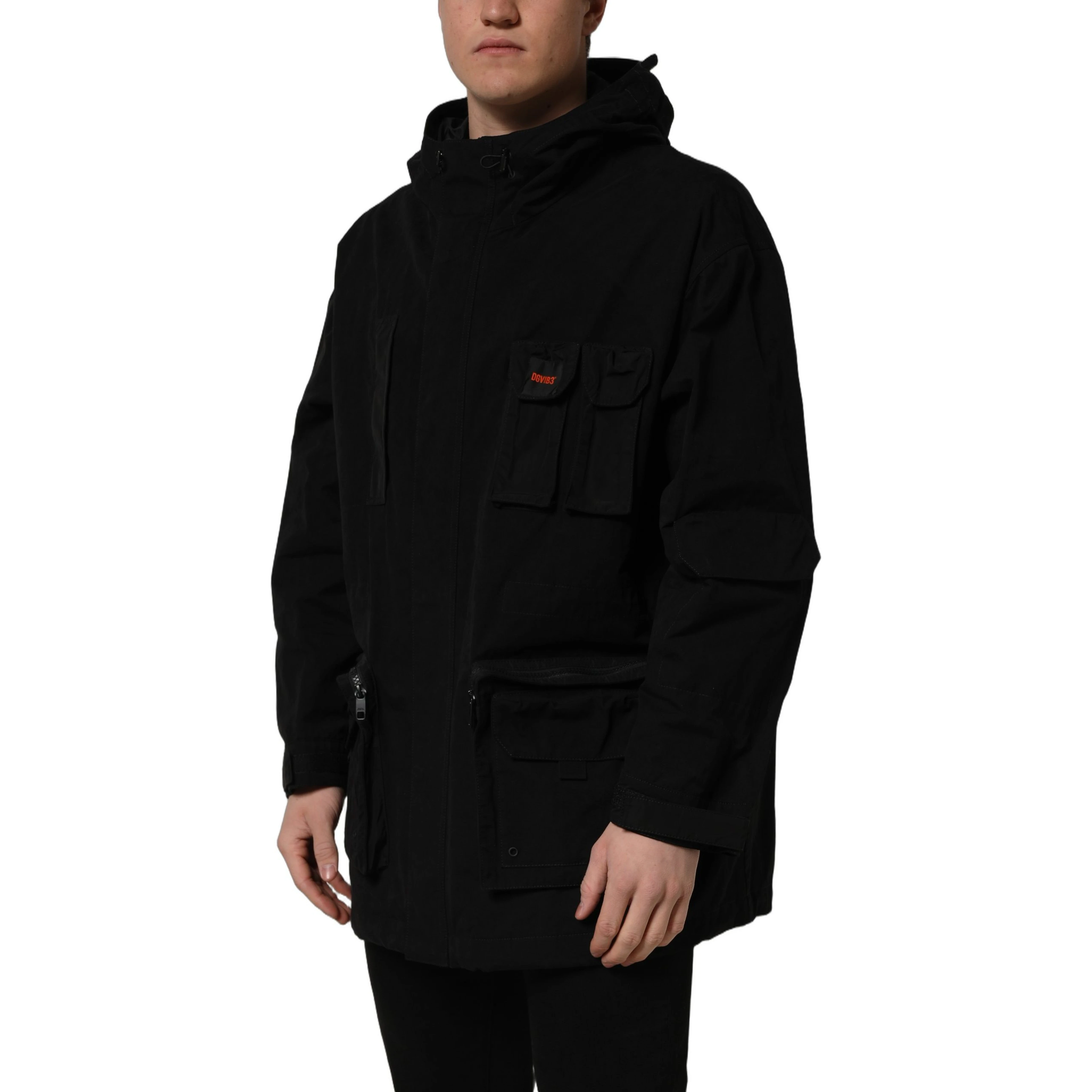 Black Nylon Men Hooded Windbreaker Jacket