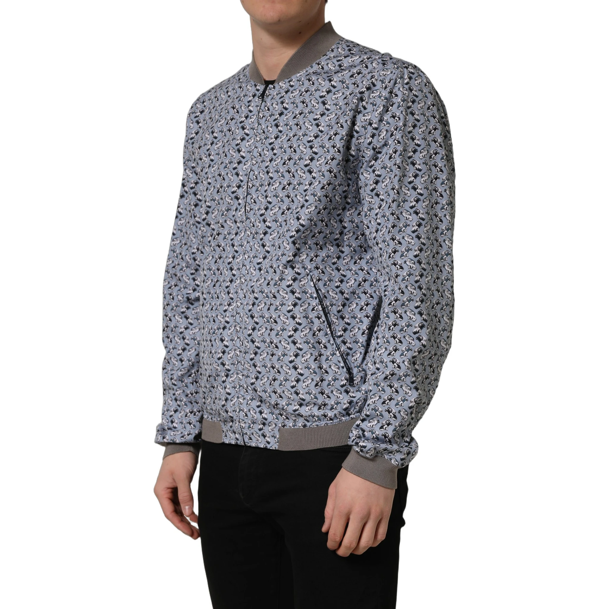 Light Blue Cotton Car Print Bomber Jacket