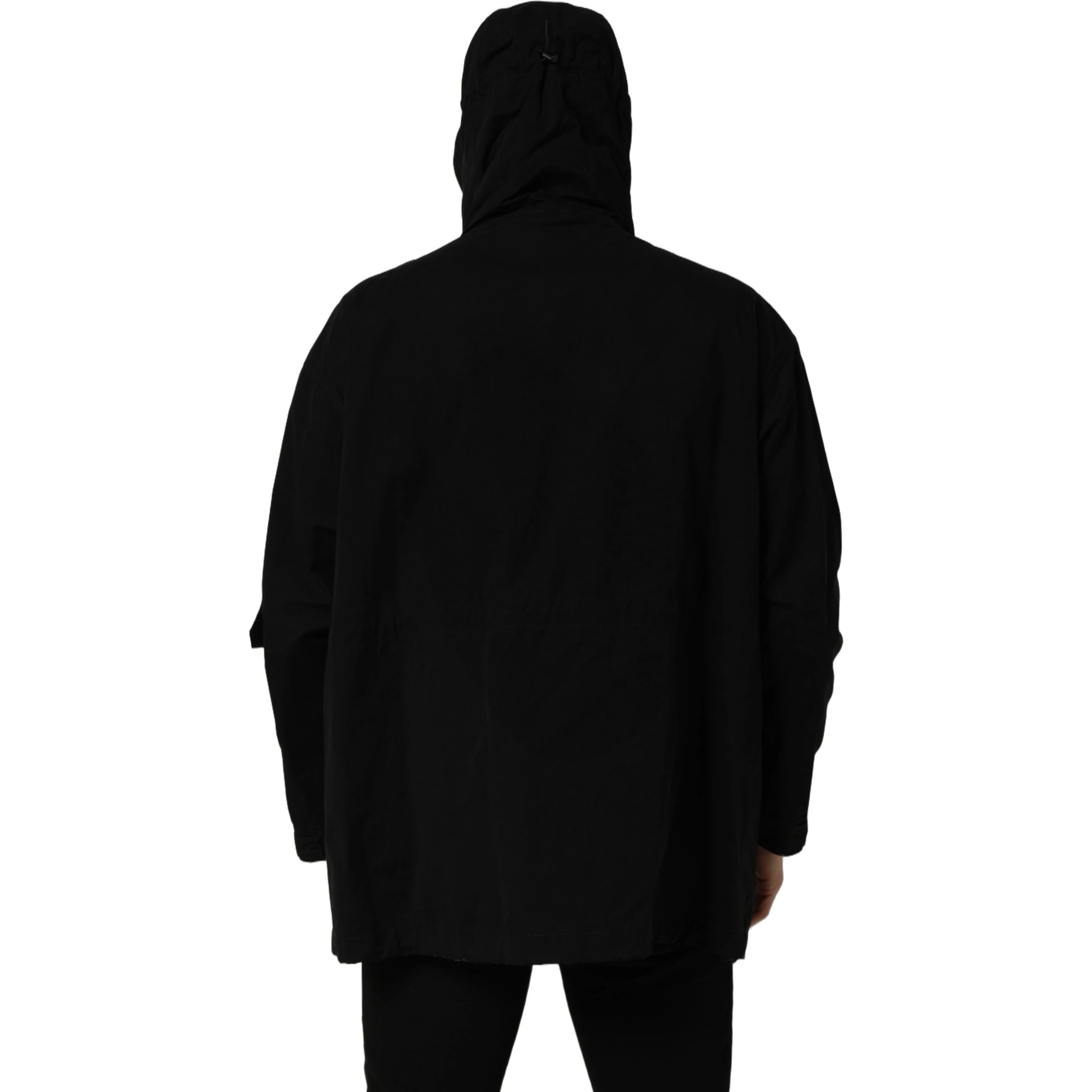 Black Nylon Men Hooded Windbreaker Jacket