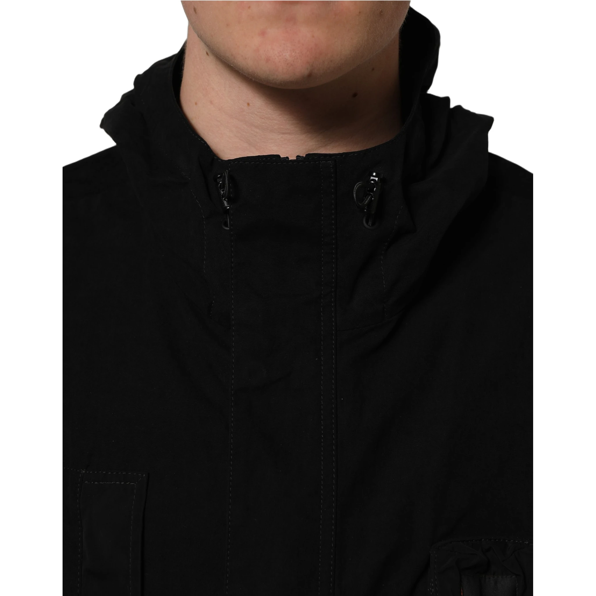 Black Nylon Men Hooded Windbreaker Jacket