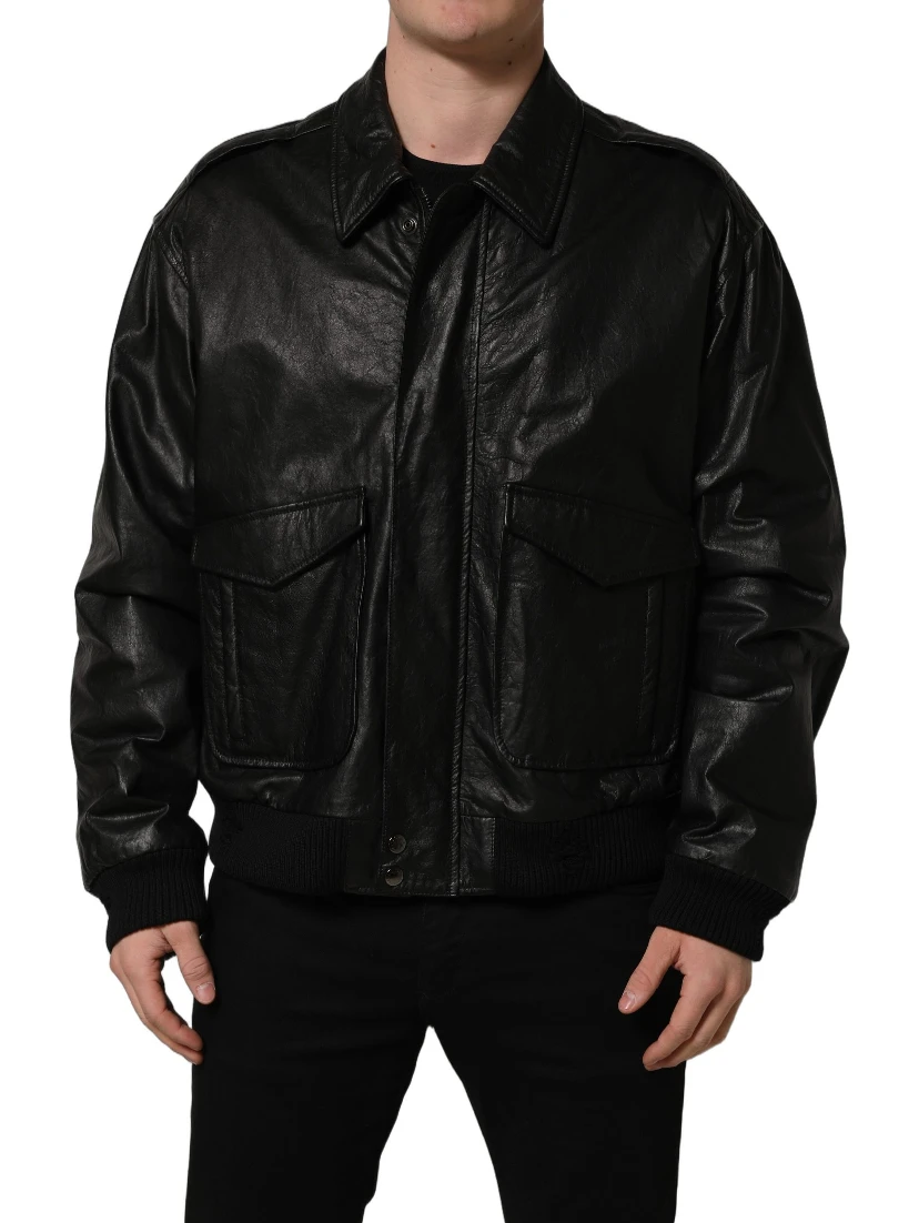 Black Leather Full Zip Men Biker Jacket