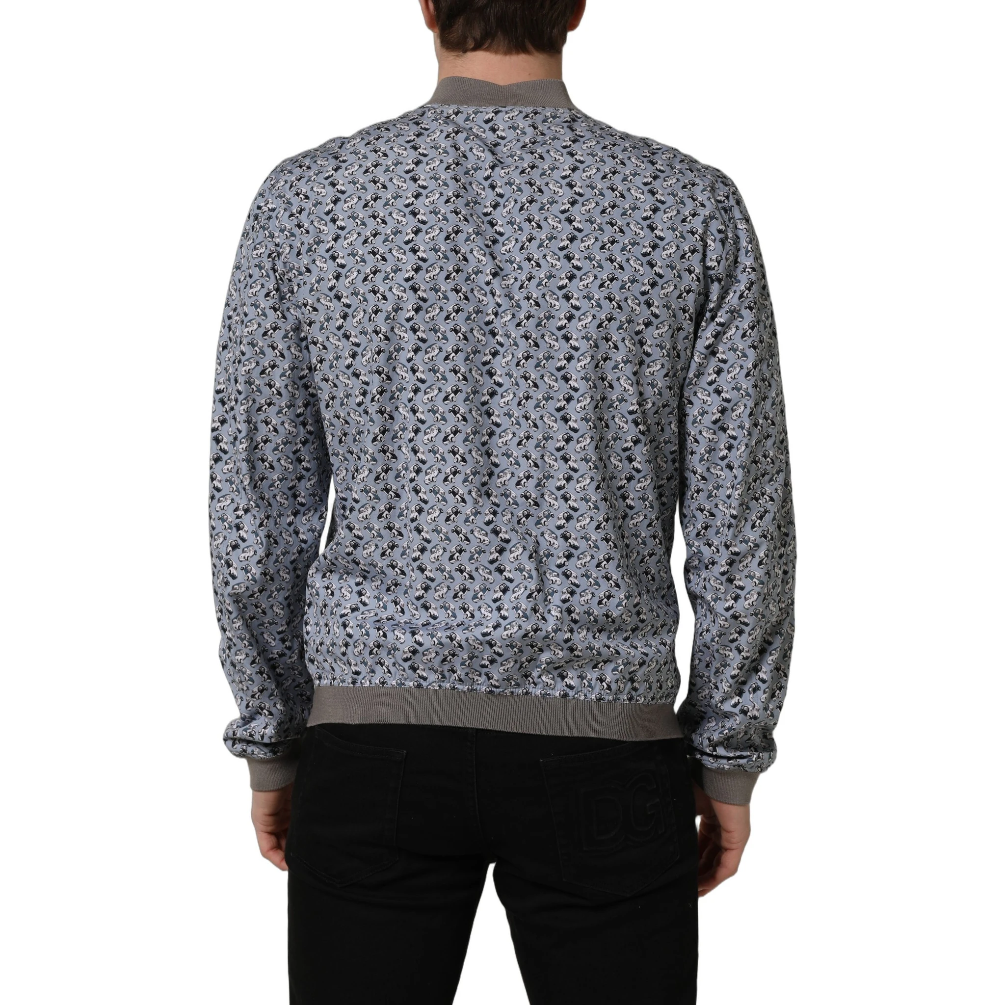 Light Blue Cotton Car Print Bomber Jacket