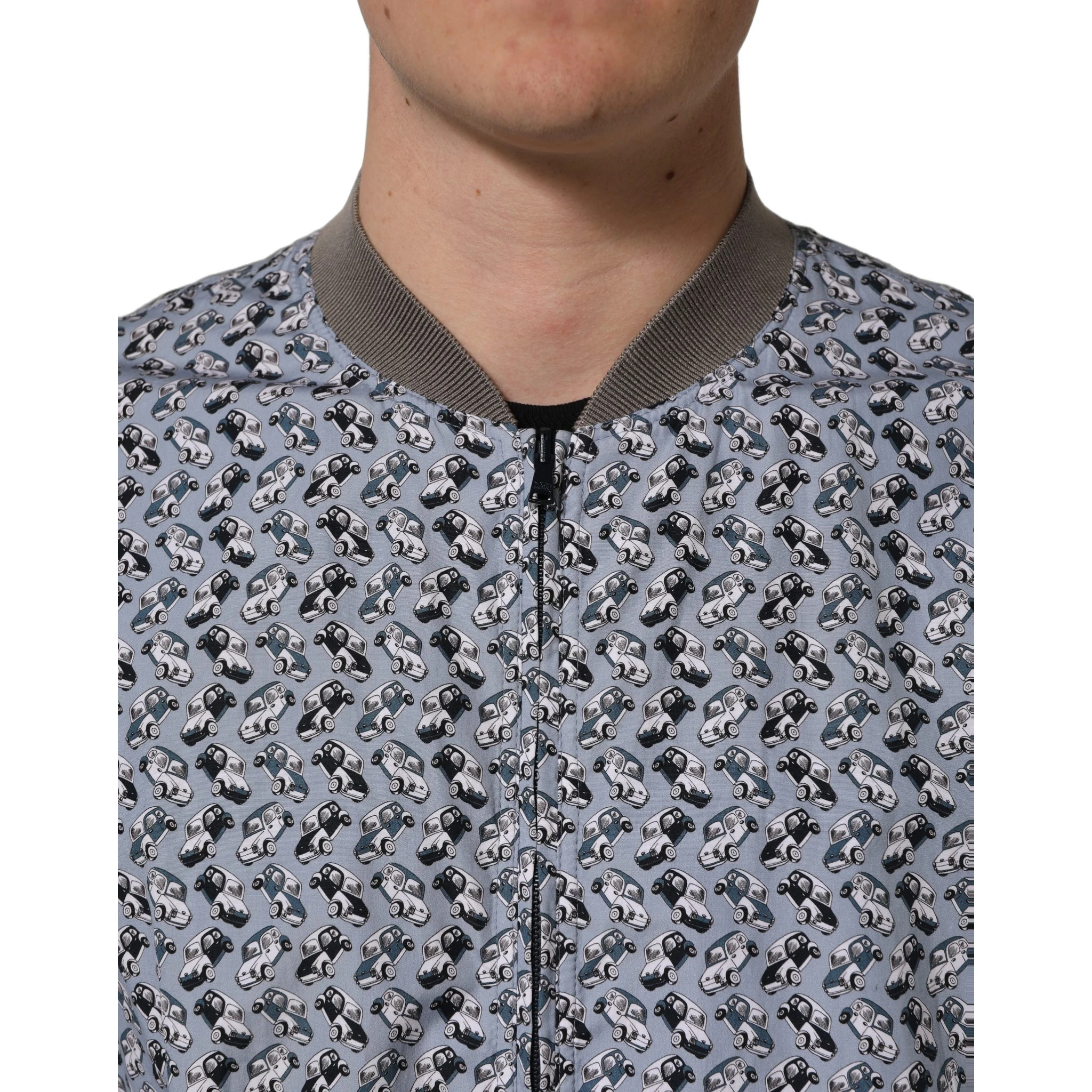 Light Blue Cotton Car Print Bomber Jacket