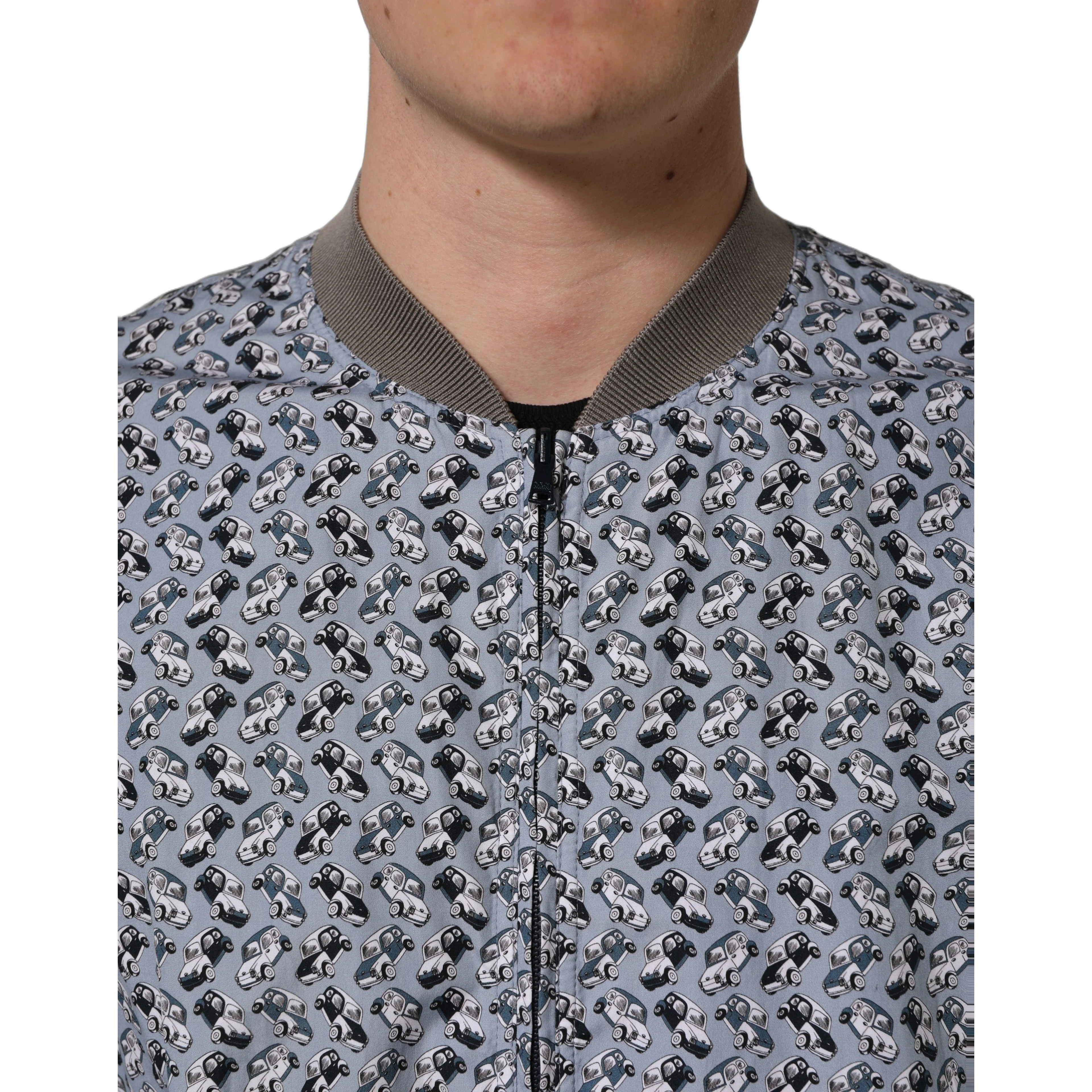 Light Blue Cotton Car Print Bomber Jacket