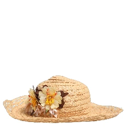 Women Beige Wide Brim Floral Bucket Capello Hat