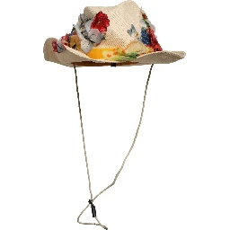 Women Beige Floral Apllique Straw Bucket Hat