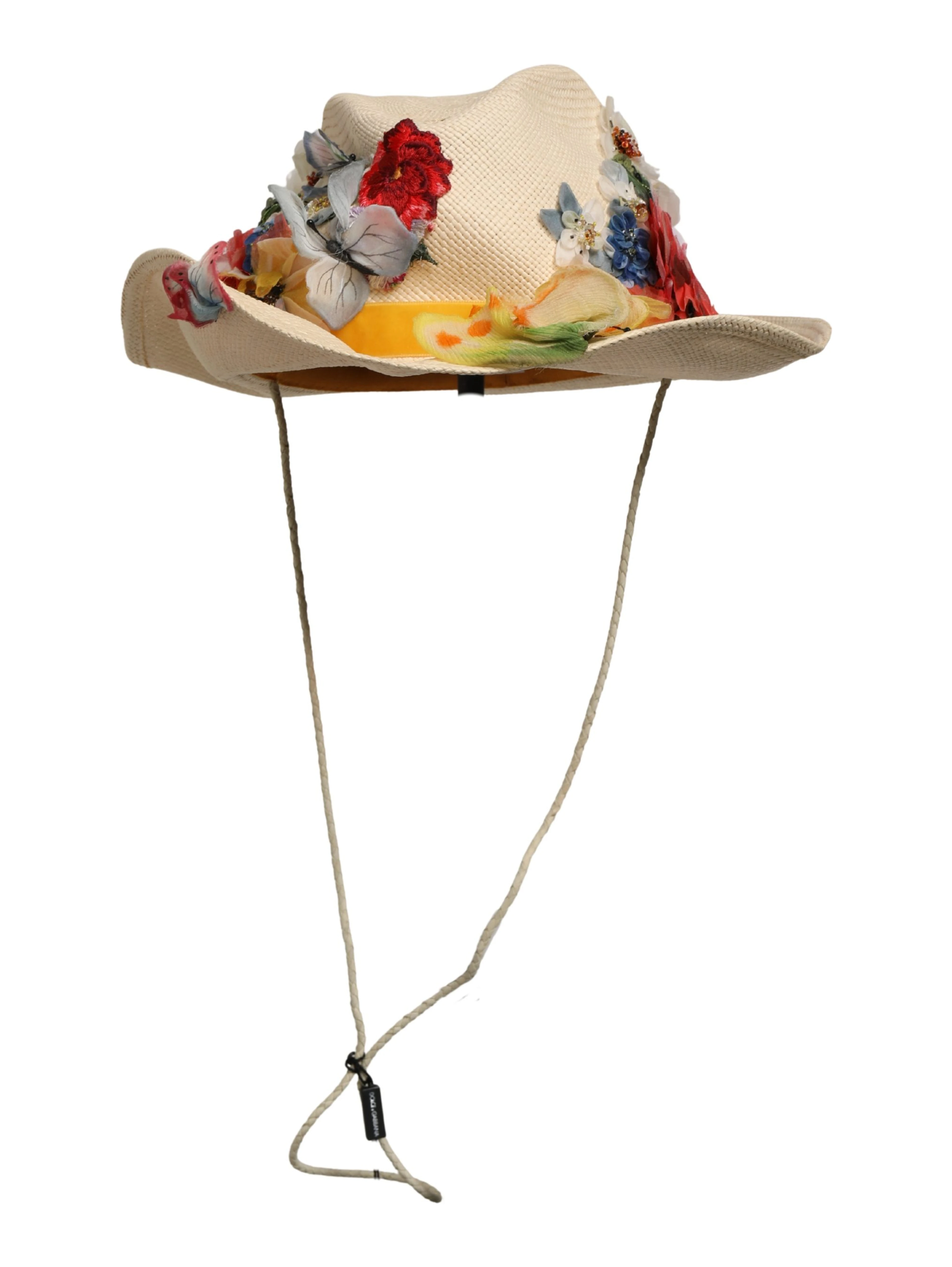 Women Beige Floral Apllique Straw Bucket Hat