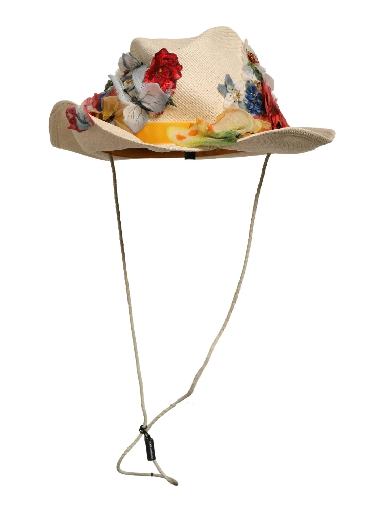 Women Beige Floral Apllique Straw Bucket Hat alternative