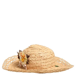 Women Beige Wide Brim Floral Bucket Capello Hat