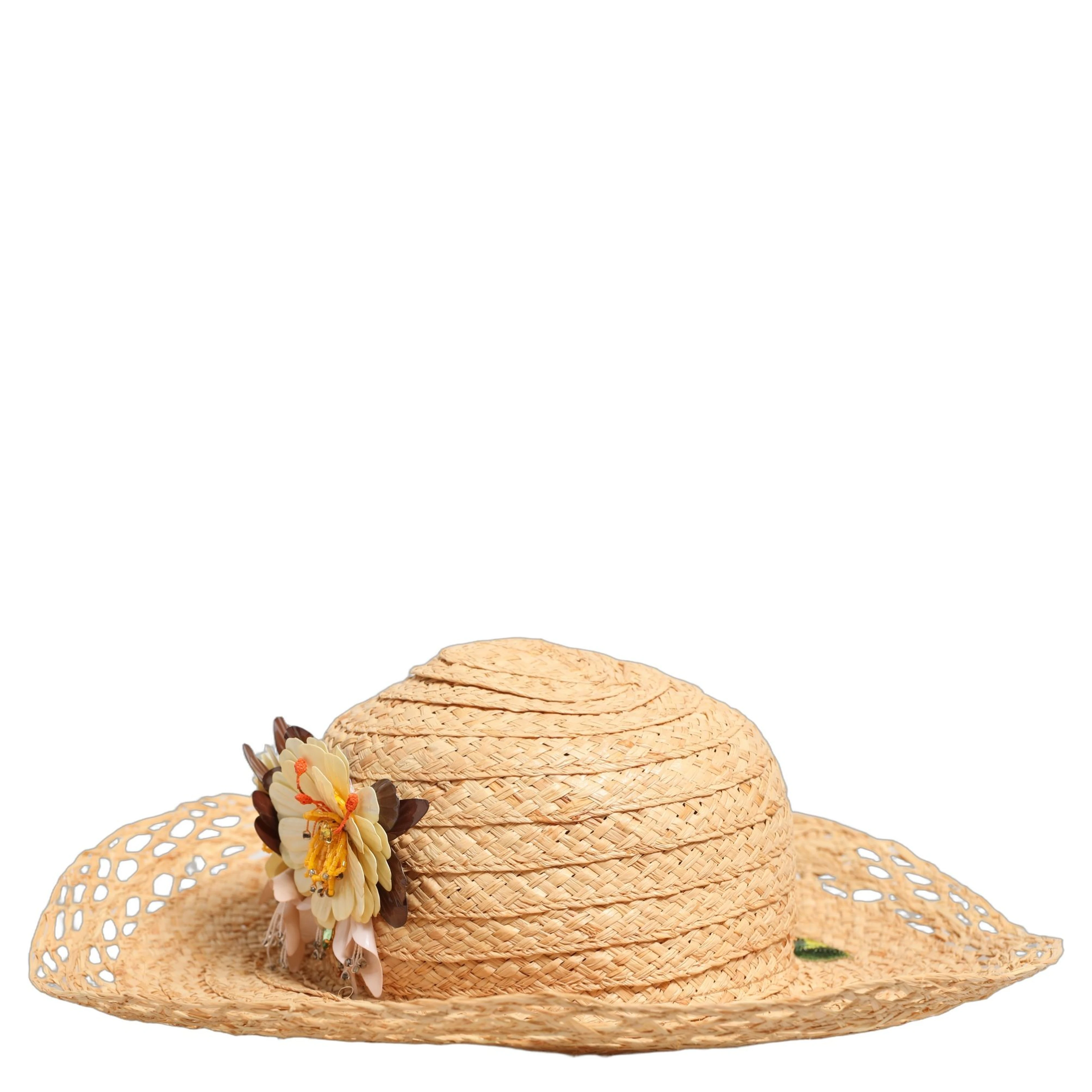 Women Beige Wide Brim Floral Bucket Capello Hat