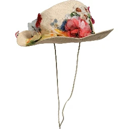 Women Beige Floral Apllique Straw Bucket Hat