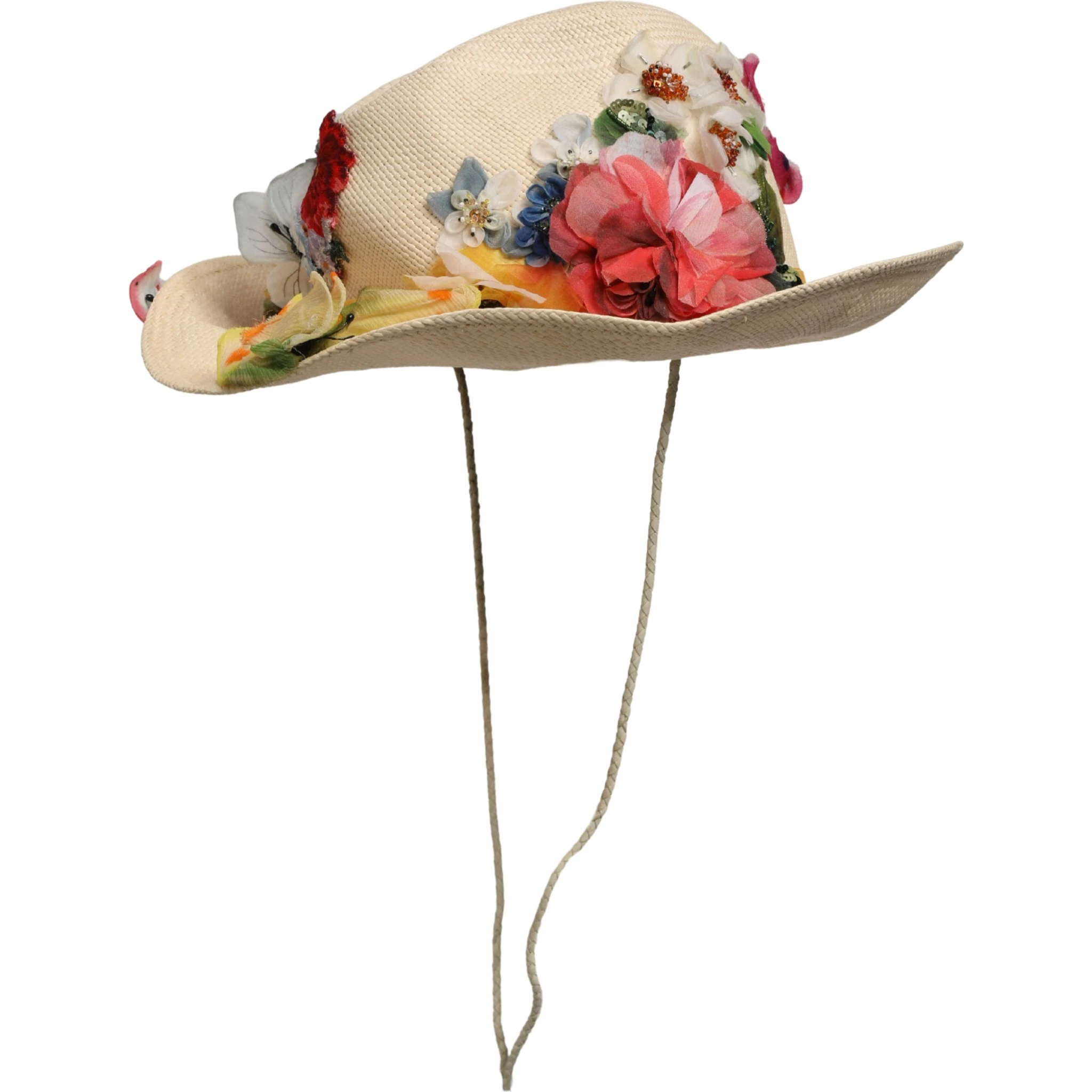 Women Beige Floral Apllique Straw Bucket Hat