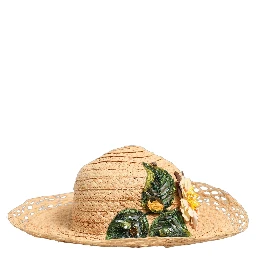 Women Beige Wide Brim Floral Bucket Capello Hat