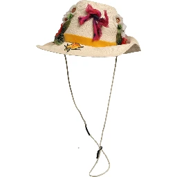 Women Beige Floral Apllique Straw Bucket Hat