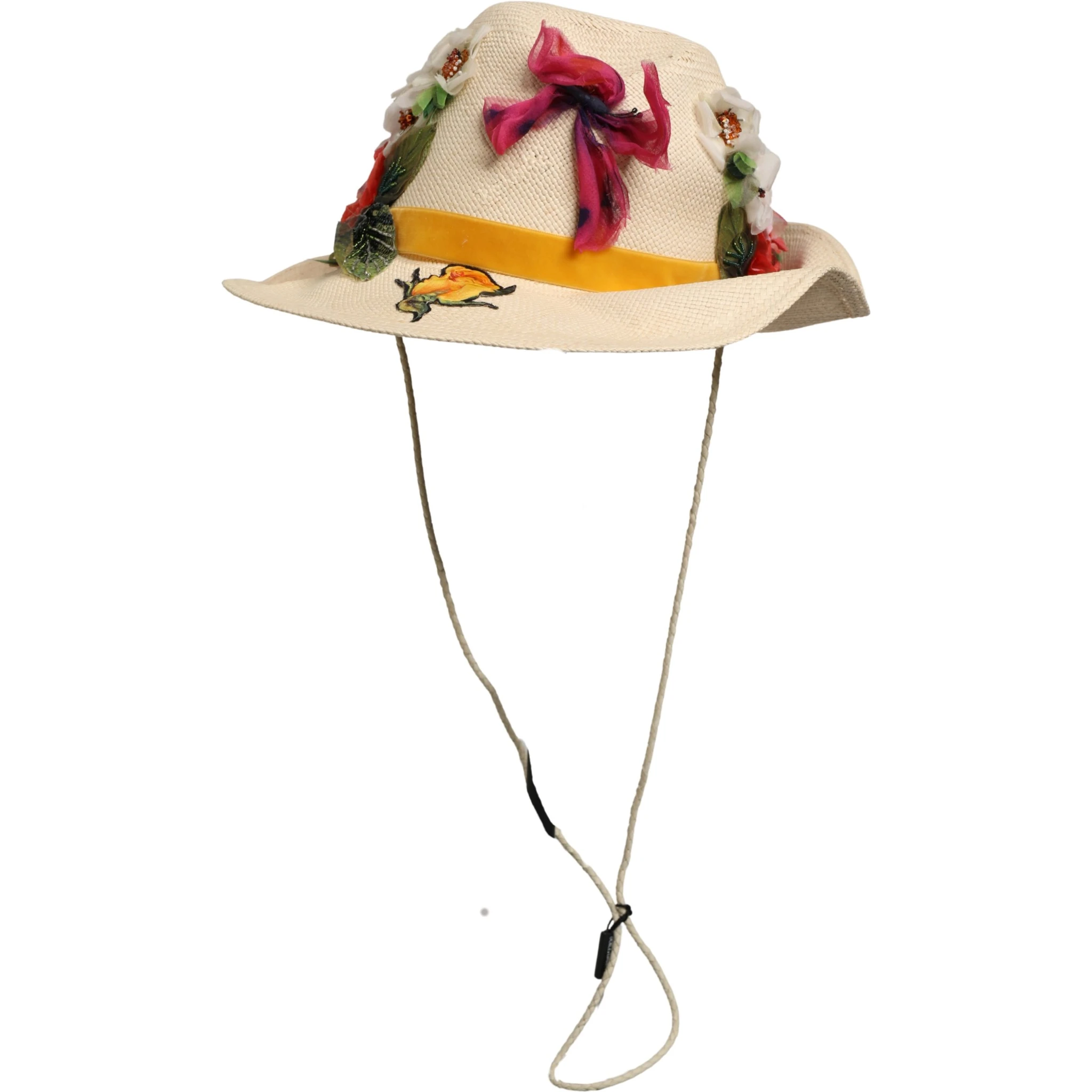Women Beige Floral Apllique Straw Bucket Hat