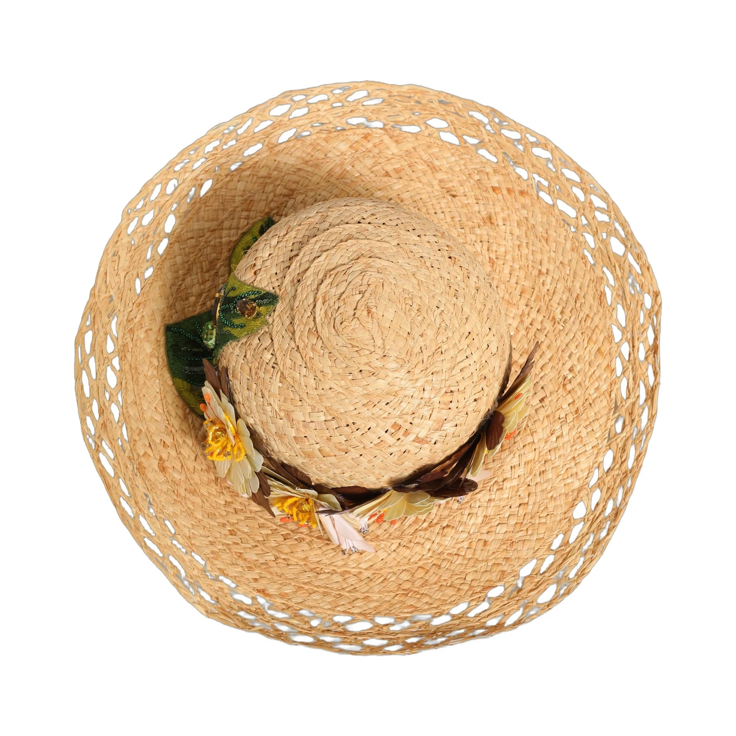 Women Beige Wide Brim Floral Bucket Capello Hat
