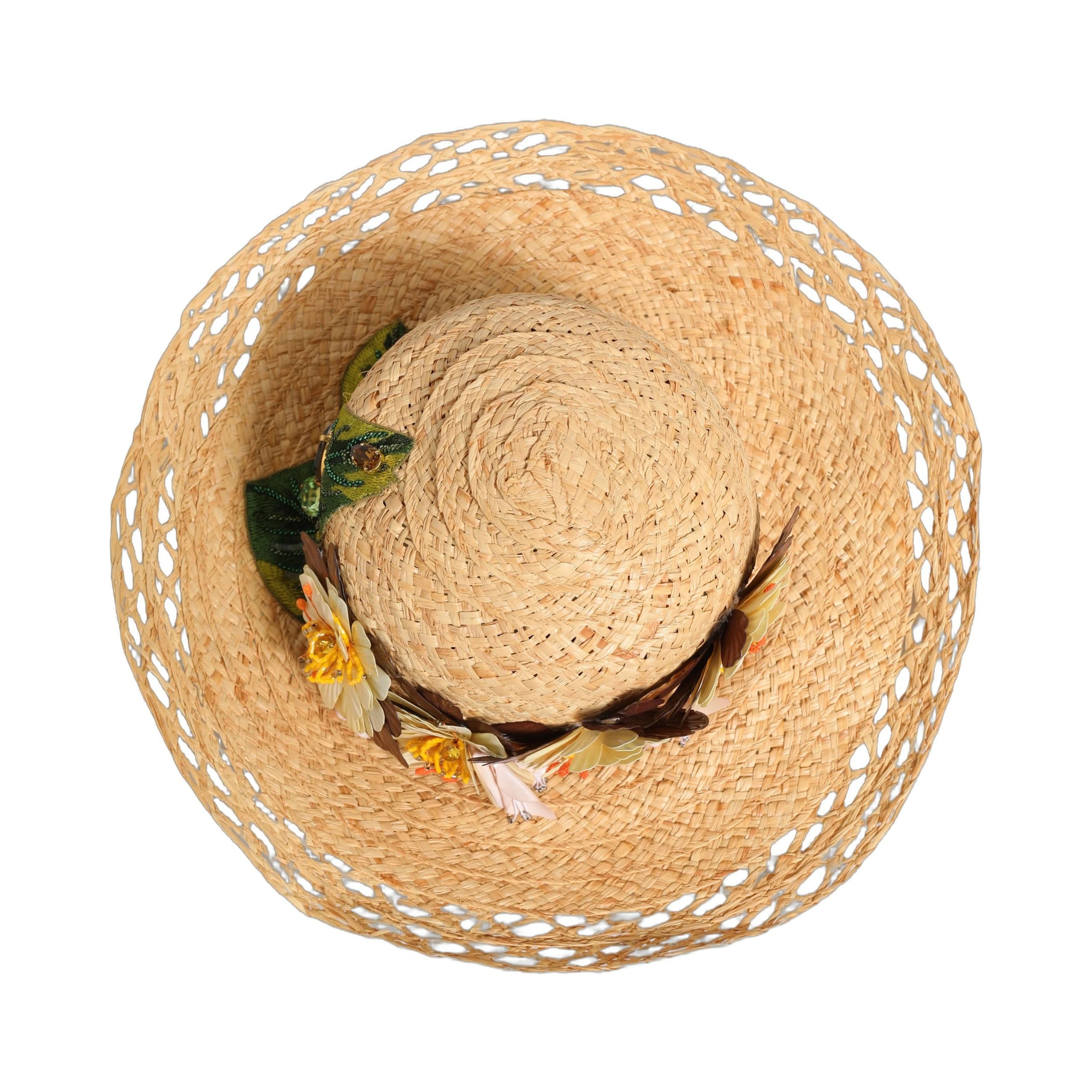 Women Beige Wide Brim Floral Bucket Capello Hat