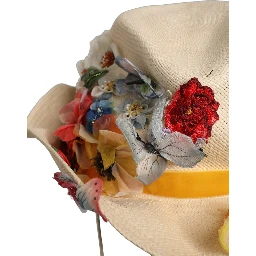 Women Beige Floral Apllique Straw Bucket Hat