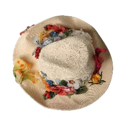 Women Beige Floral Apllique Straw Bucket Hat