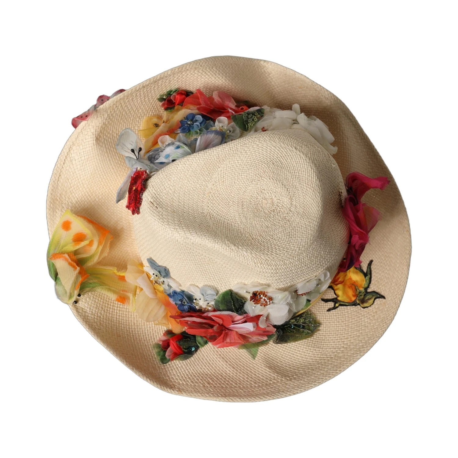 Women Beige Floral Apllique Straw Bucket Hat