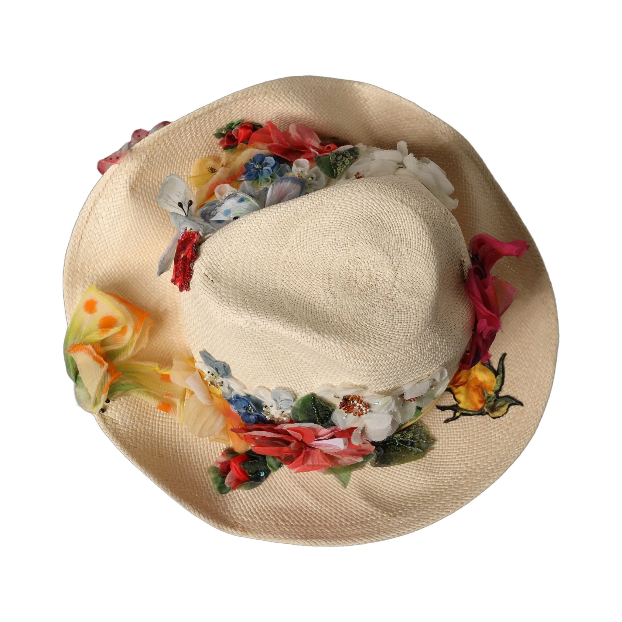 Women Beige Floral Apllique Straw Bucket Hat