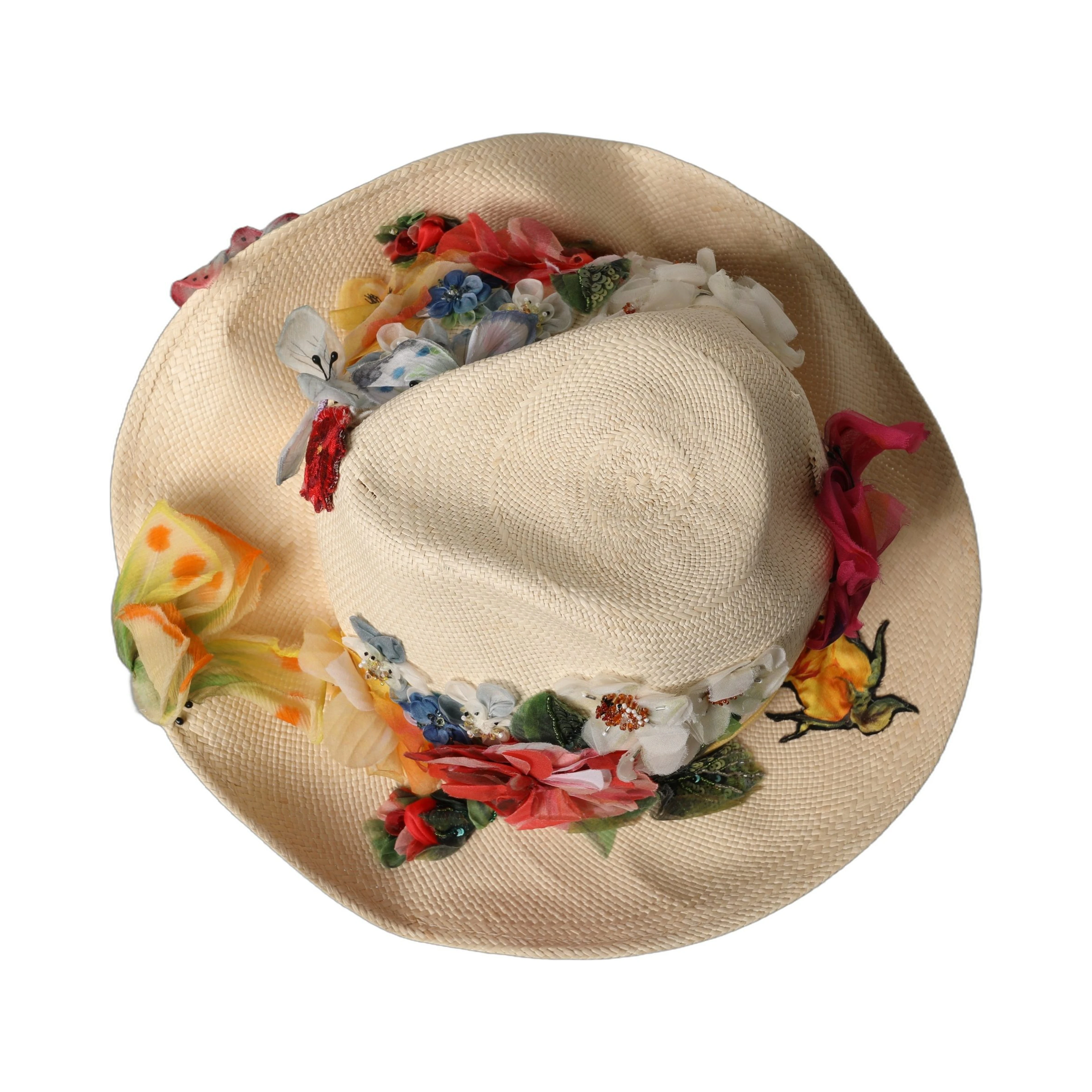 Women Beige Floral Apllique Straw Bucket Hat