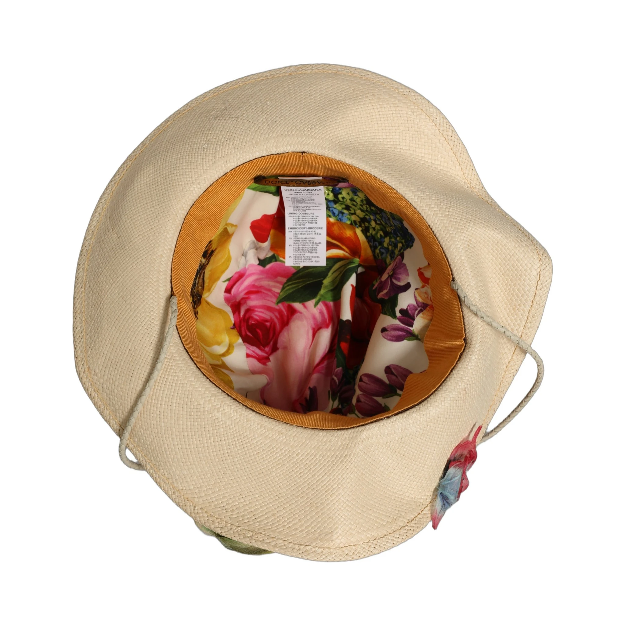 Women Beige Floral Apllique Straw Bucket Hat