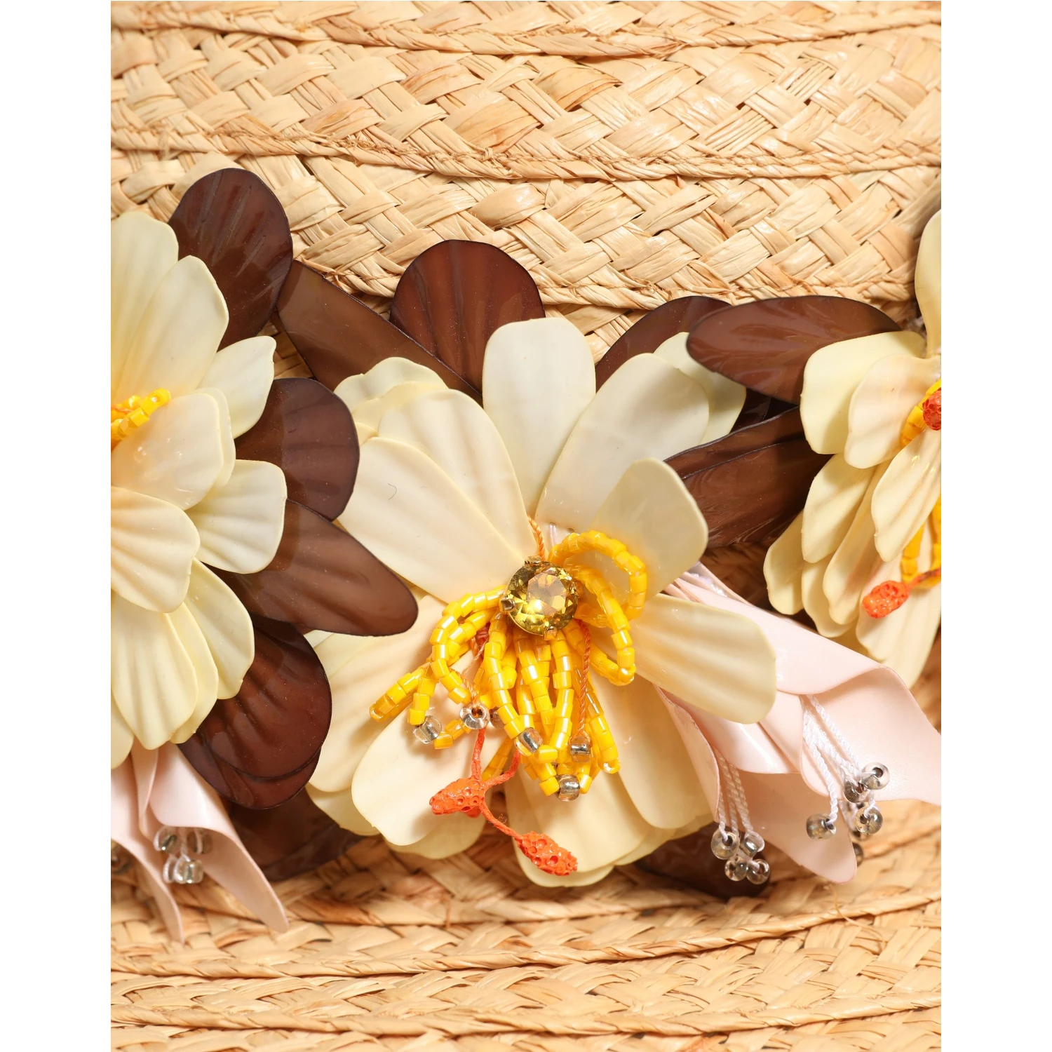 Women Beige Wide Brim Floral Bucket Capello Hat
