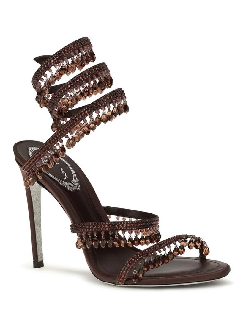 Brown Silk Stiletto Heel Sandals