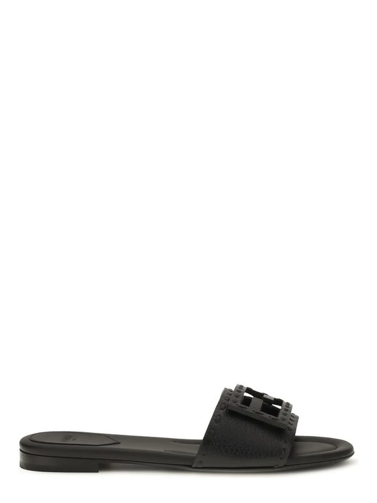 Black Calf Leather Bos Taurus Flat Sandals