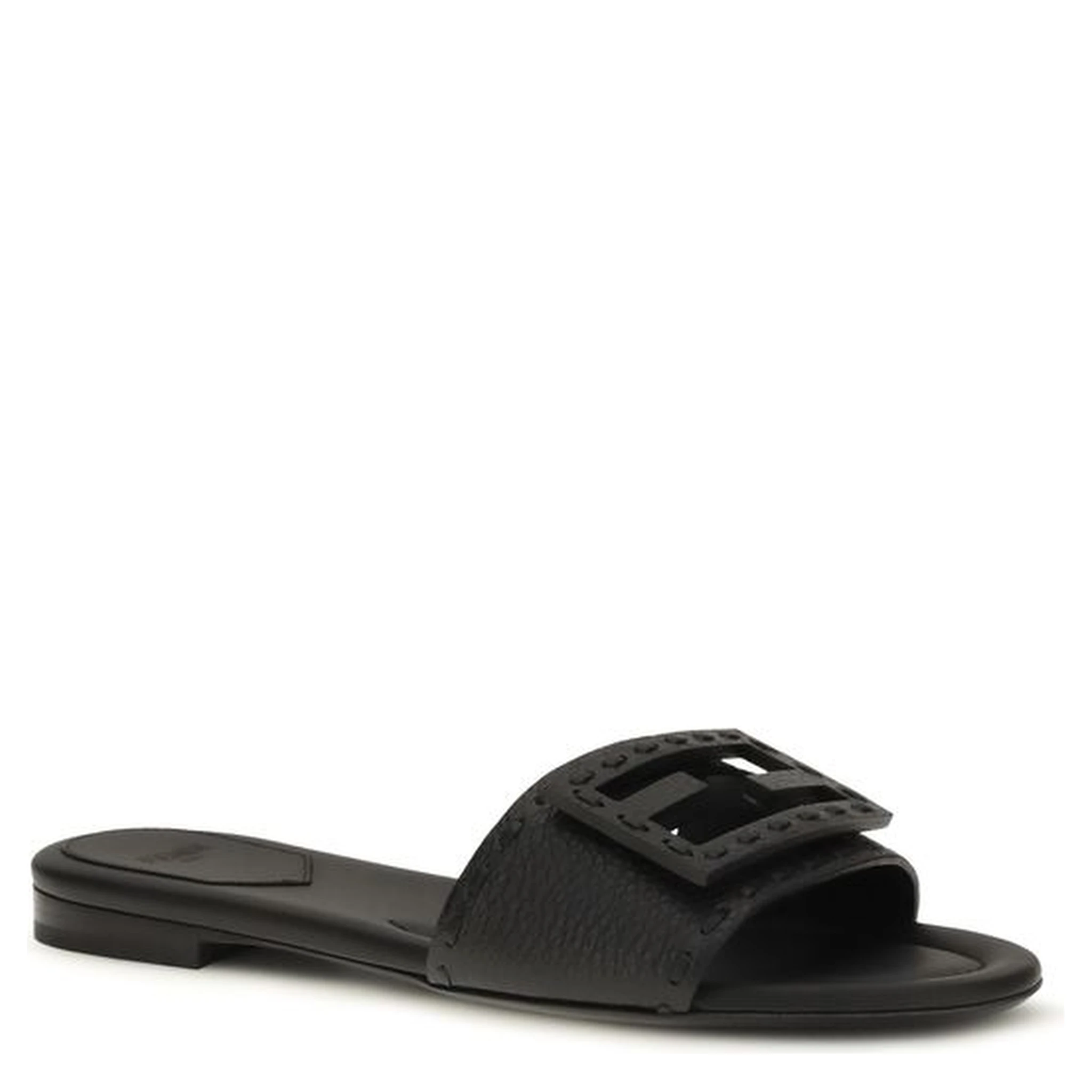 Black Calf Leather Bos Taurus Flat Sandals