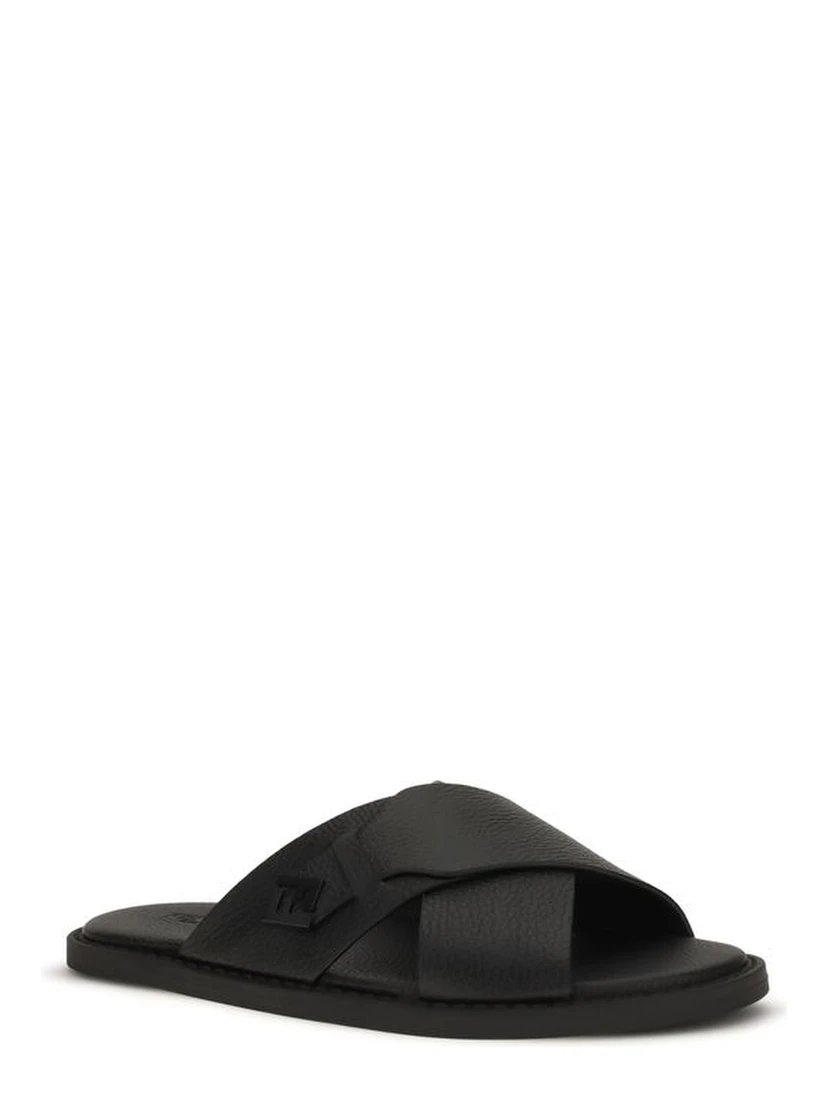 Black Calf Leather Bos Taurus Flat Sandals