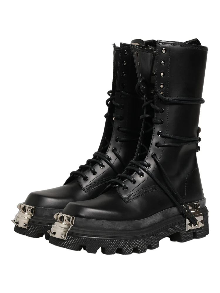 Black Stud Platform Combat High Boots Shoes