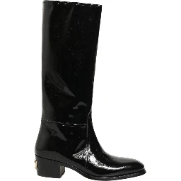 Black Leather Knee High Heels Boots Shoes