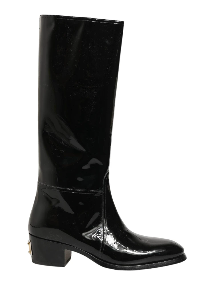 Black Leather Knee High Heels Boots Shoes