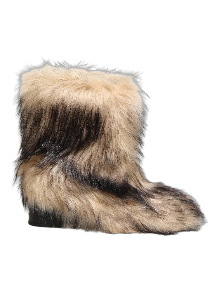 Brown Faux Fur Mid Calf Men Boots Shoes