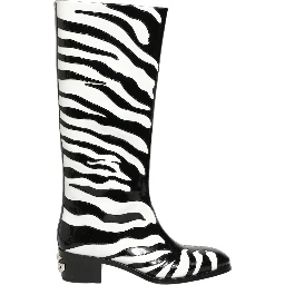 Black White Zebra Knee High Men Boots Shoes