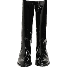 Black Leather Knee High Heels Boots Shoes