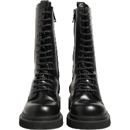 Black Leather Lace Up Men Combat Boots Shoes