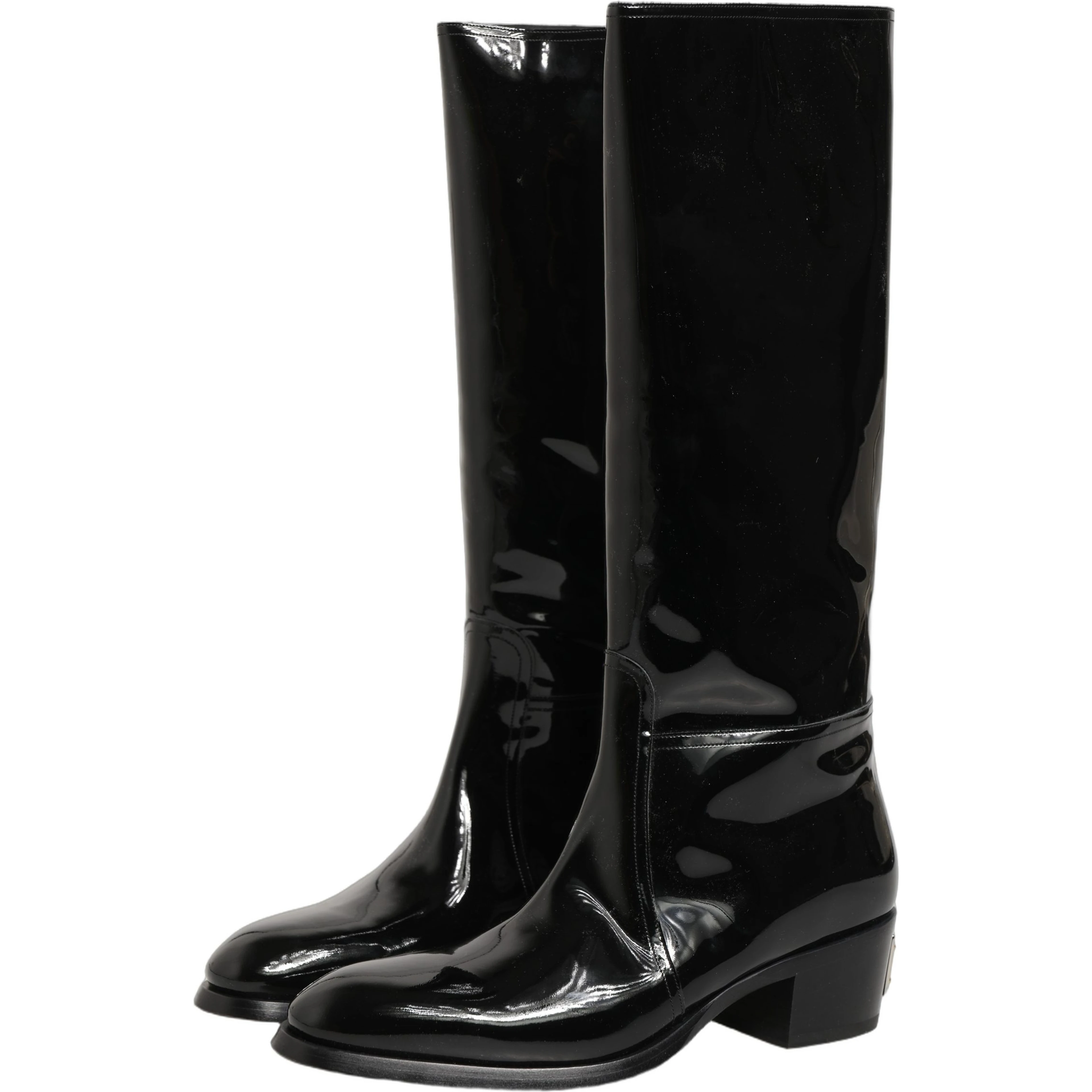 Black Leather Knee High Heels Boots Shoes