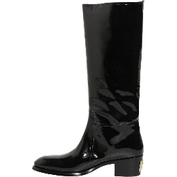 Black Leather Knee High Heels Boots Shoes