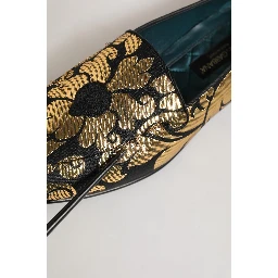 Black Gold Floral Jacquard Dress Loafers Shoes