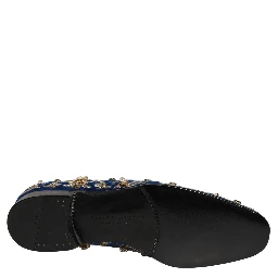 Blue Velvet Embellished Dress Loafers Shoes