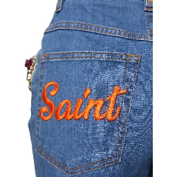 Blue Embellished Wide Cropped Denim Jeans