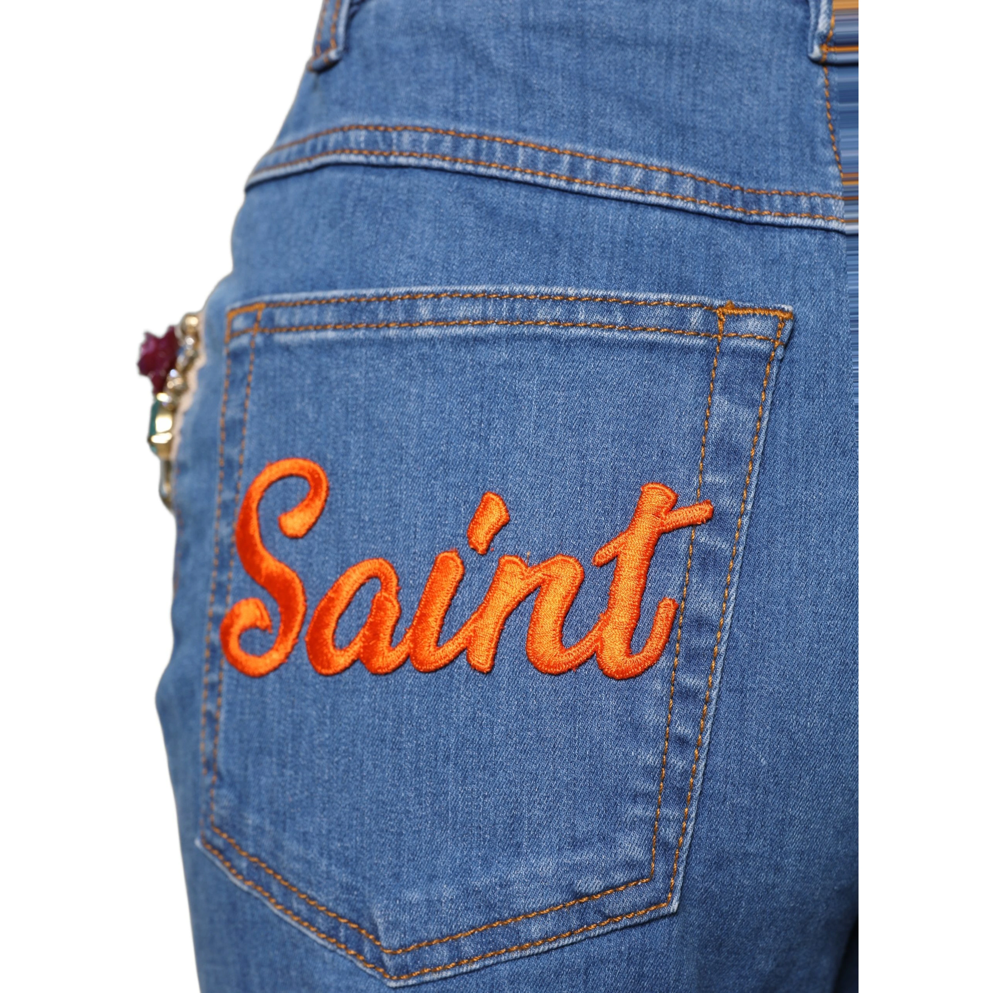 Blue Embellished Wide Cropped Denim Jeans
