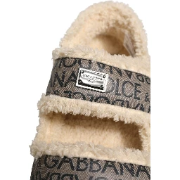 Beige Faux Fur Logo Print Flats Sandals Shoes